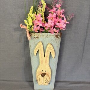 Wooden Bunny Cutout Distressed Metal Wall Hanging Planter Spring Easter Flowers
